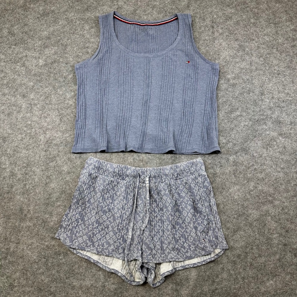 Tommy Hilfiger Pajama Set Womens M Blue‎ Ribbed Tank Top Logo Shorts Sleepwear